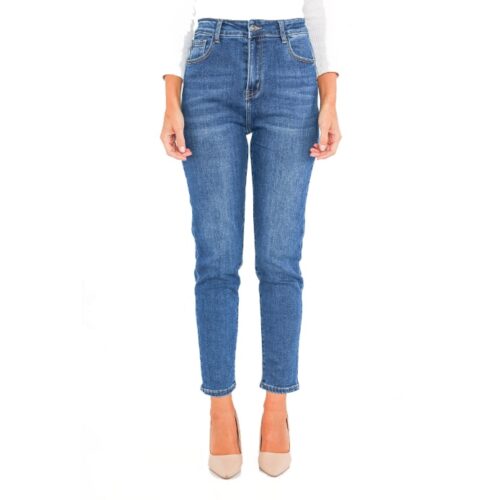 Dámske mom fit rifle blue denim jeans basic rhinestone